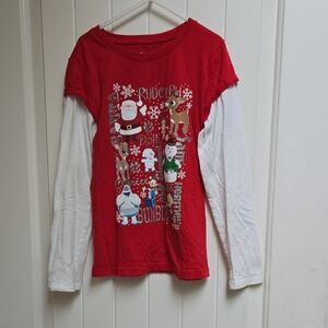 Justice Red and White Cotton Christmas Festive Long Sleeve Tee Rudolph Santa